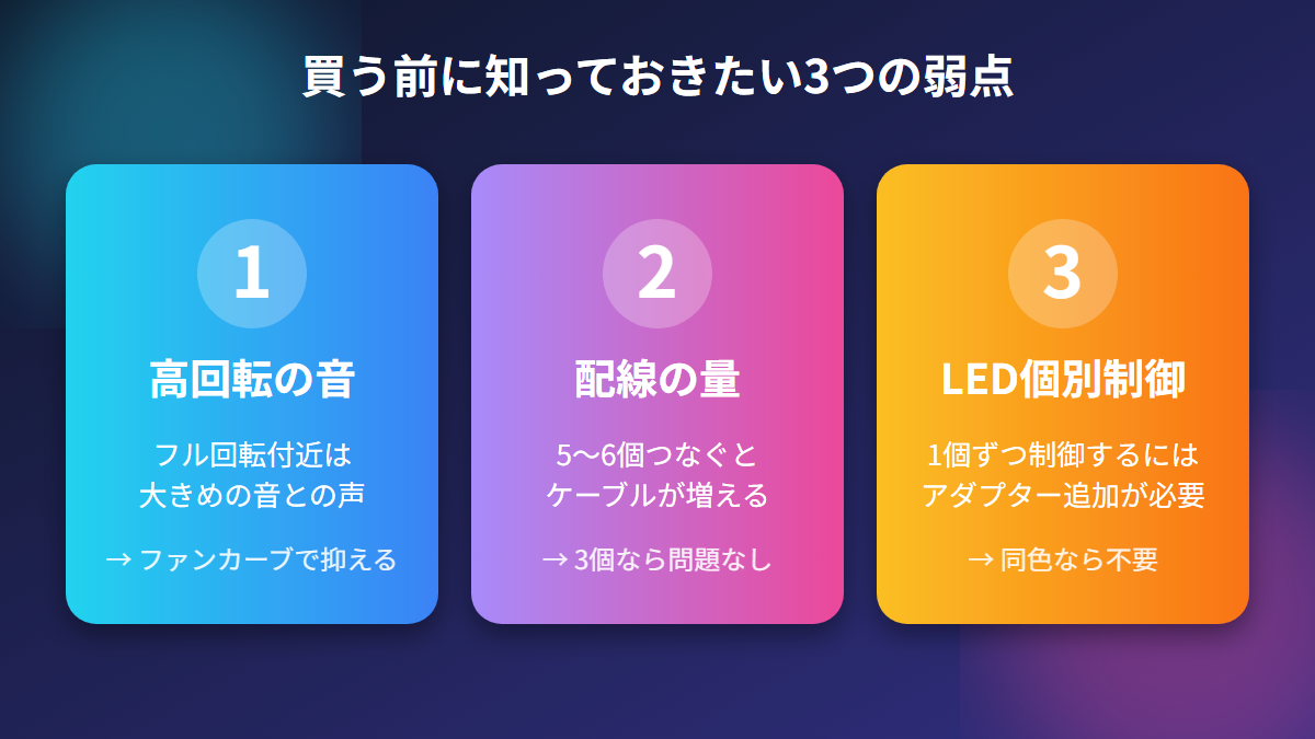 購入前に知っておきたい3つの弱点(高回転の音・配線の量・LED個別制御)の図解