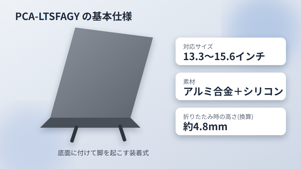 PCA-LTSFAGYの基本仕様(対応サイズ・素材・折りたたみ時の高さ)の図解