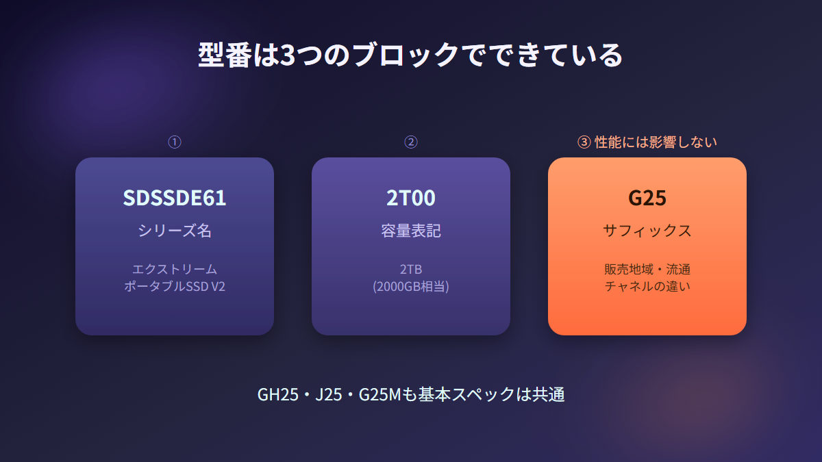 SDSSDE61-2T00-G25の型番をシリーズ名・容量・サフィックスの3ブロックに分解した図解