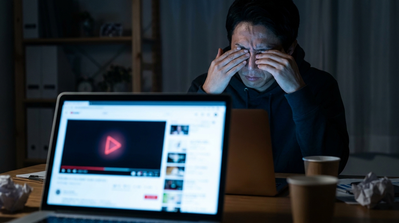 YouTube動画を見ながら通報しても効果がなく困惑する男性