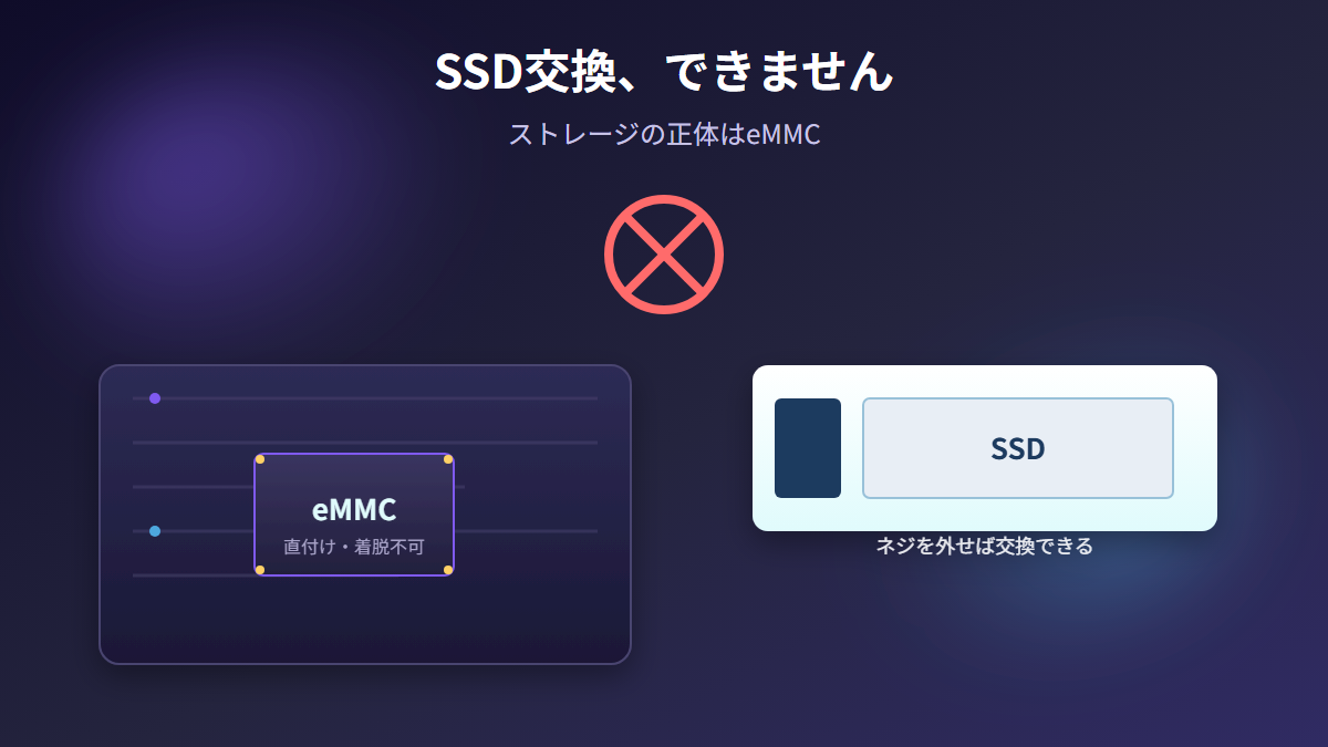 eMMCは基板に直付けで交換不可、SSDはネジを外せば交換できるという違いを示す図解