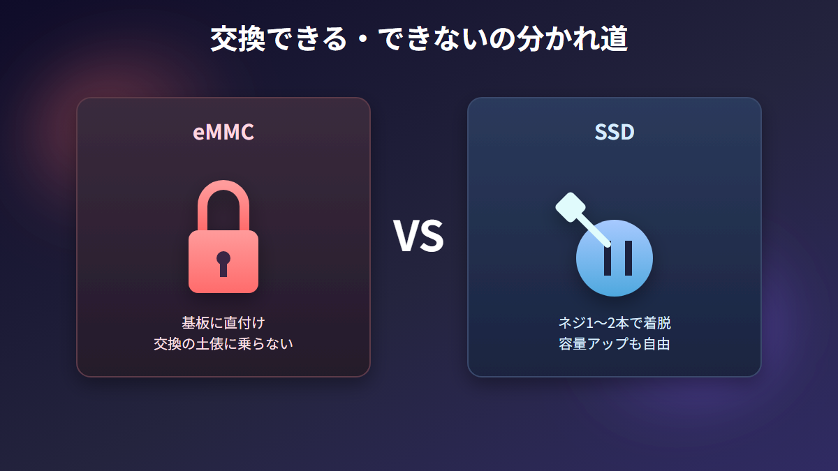 eMMCは交換できず、SSDはネジ1〜2本で交換できるという分かれ道を示す図解