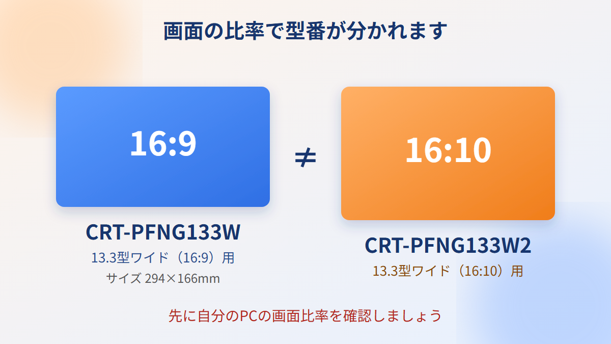 CRT-PFNG133Wは16:9用、CRT-PFNG133W2は16:10用という違いの図解