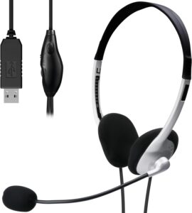 エレコムのUSBヘッドセットHS-FBE01USV。手元コントローラ付きのケーブルとUSB-A端子