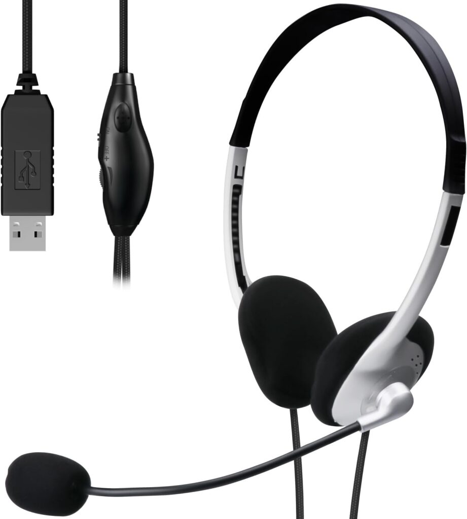 エレコムのUSBヘッドセットHS-FBE01USV。手元コントローラ付きのケーブルとUSB-A端子