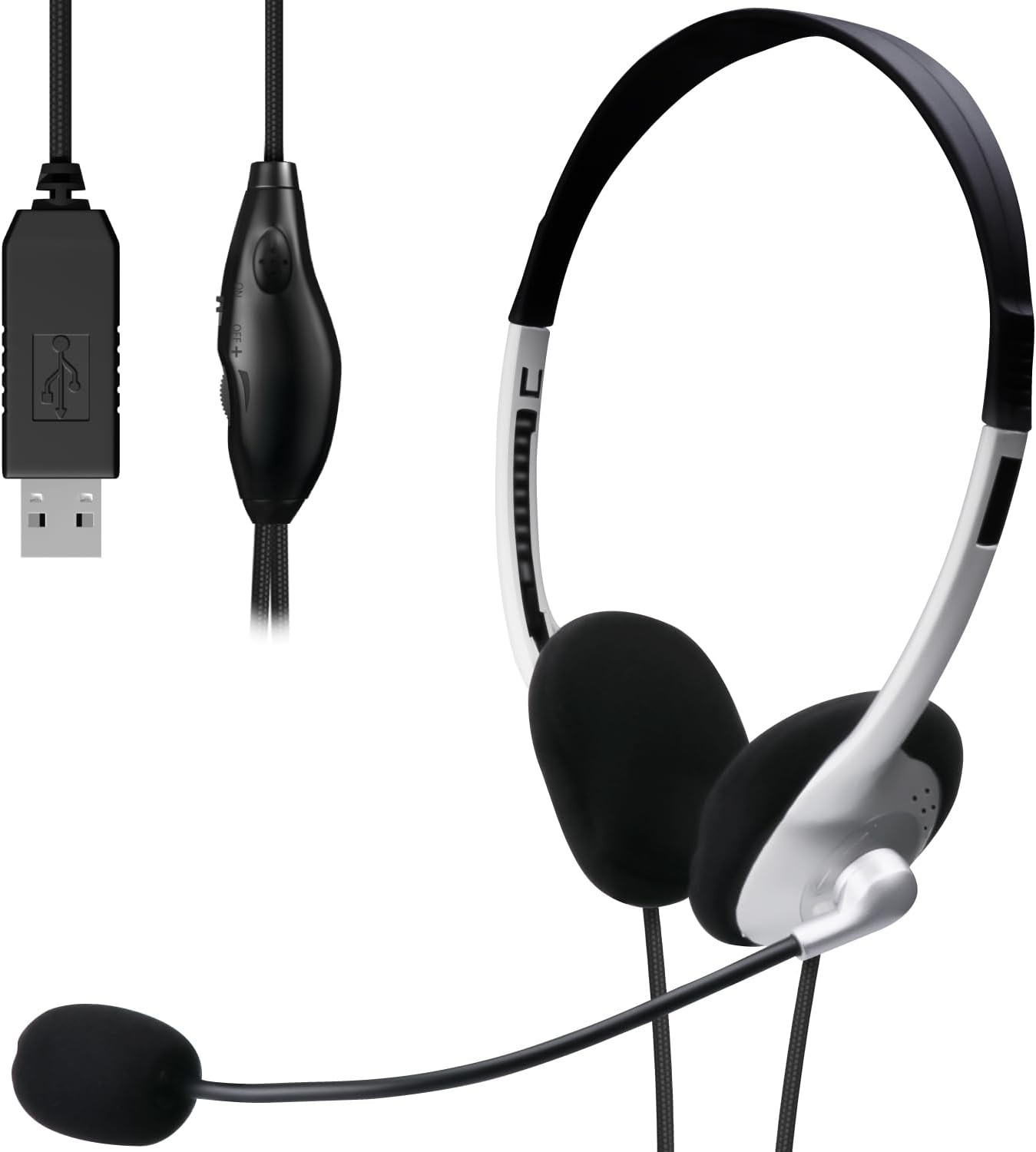 エレコムのUSBヘッドセットHS-FBE01USV。手元コントローラ付きのケーブルとUSB-A端子