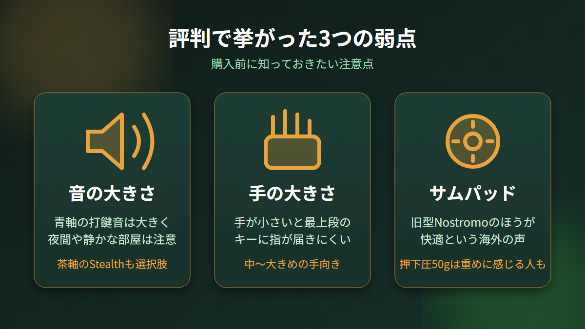 評判で挙がった3つの弱点(音の大きさ・手の大きさ・サムパッド)